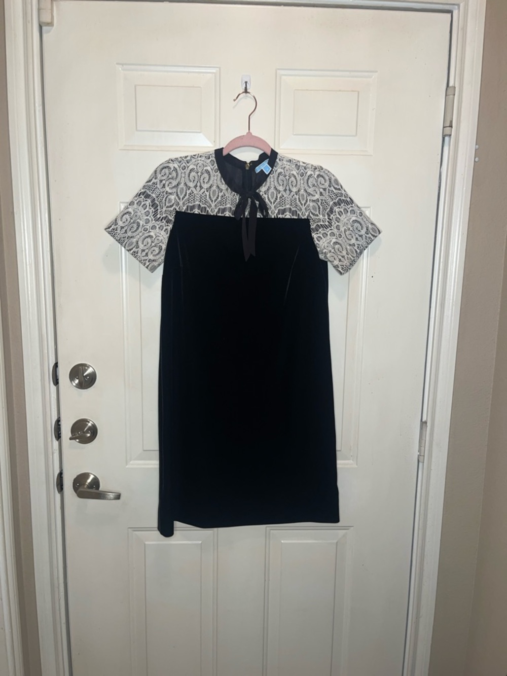 Draper James Velvet Dress with Cream Lace Yoke and Tie Neck